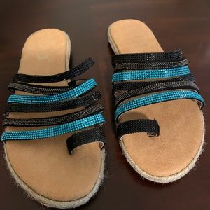 Italina by Summer Rio Flat Sandals with Aqua and Brown Bling, Size 8